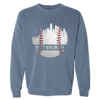 Womens Pittsburgh Baseball Cityscape Distressed Novelty Pirate Gift Garment-Dyed Sweatshirt