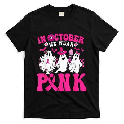 Wear Pink Breast Cancer Warrior Ghost Halloween Groovy T-Shirt