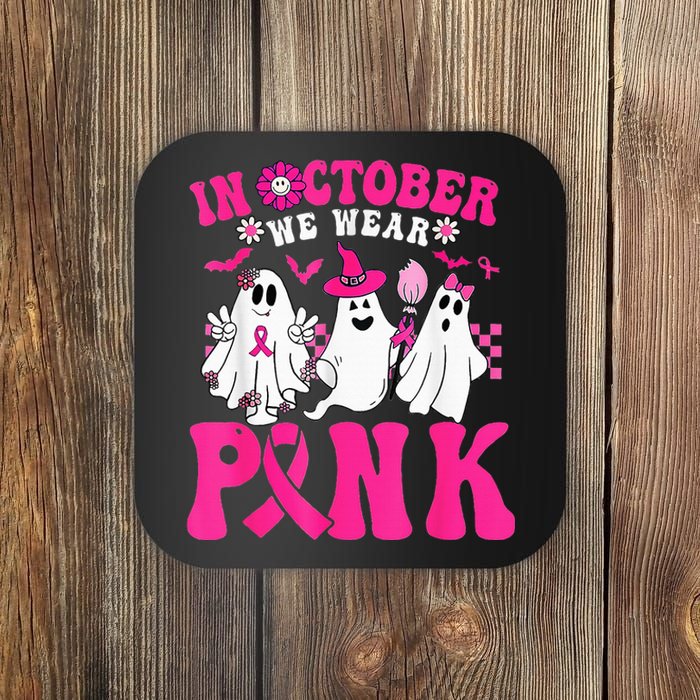 Wear Pink Breast Cancer Warrior Ghost Halloween Groovy Coaster