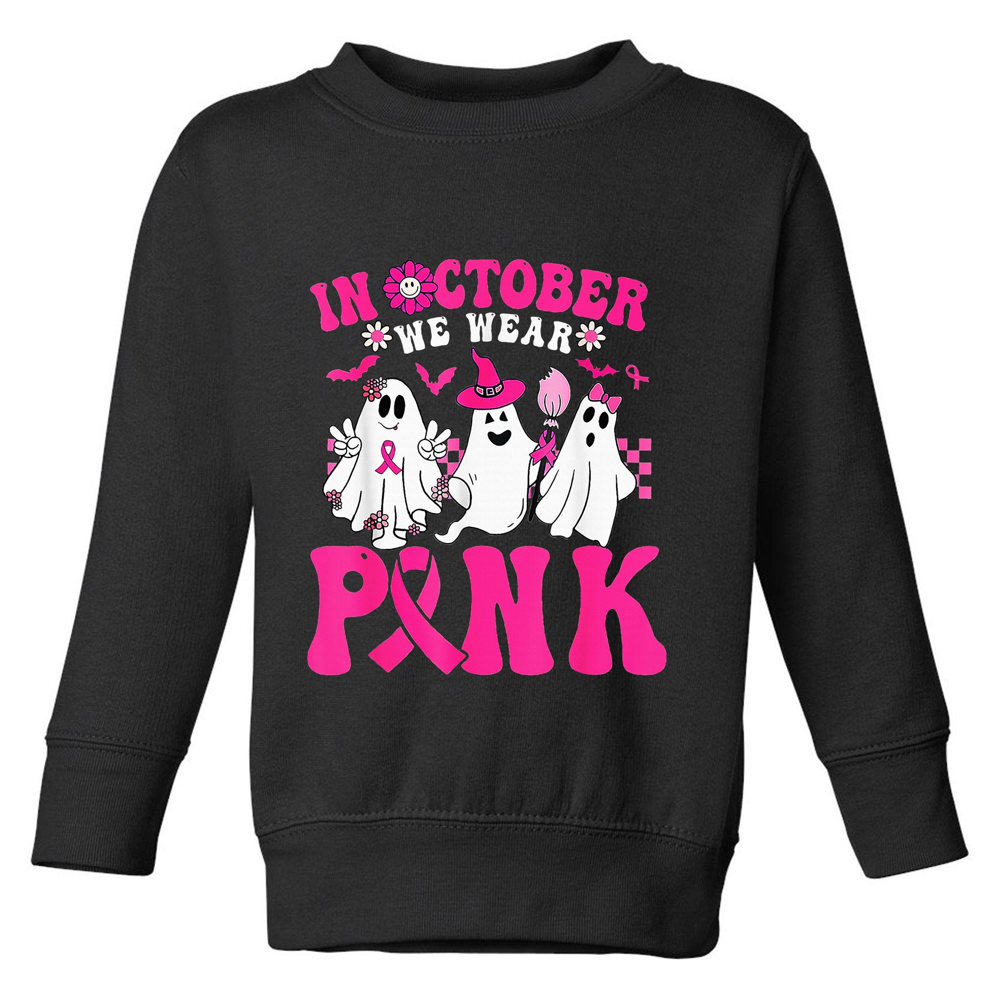 Wear Pink Breast Cancer Warrior Ghost Halloween Groovy Toddler Sweatshirt