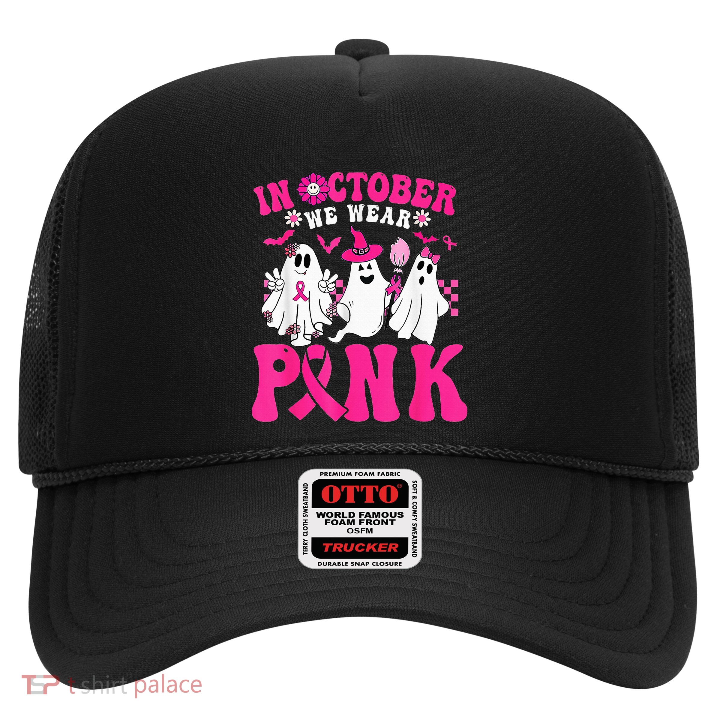 Wear Pink Breast Cancer Warrior Ghost Halloween Groovy Trucker Hat