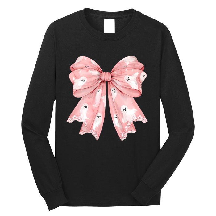 Women Pinkghost Bow Coquette Halloween Spooky Season Long Sleeve Shirt