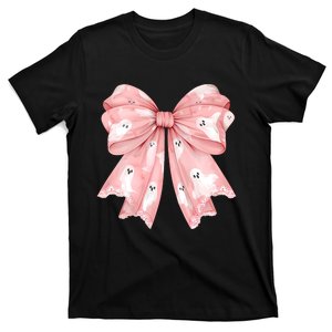 Women Pinkghost Bow Coquette Halloween Spooky Season T-Shirt