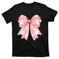 Women Pinkghost Bow Coquette Halloween Spooky Season T-Shirt