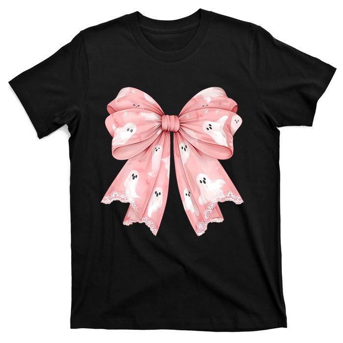 Women Pinkghost Bow Coquette Halloween Spooky Season T-Shirt