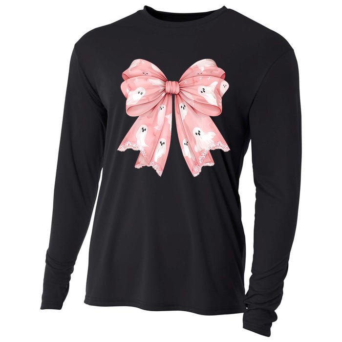 Women Pinkghost Bow Coquette Halloween Spooky Season Cooling Performance Long Sleeve Crew