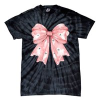 Women Pinkghost Bow Coquette Halloween Spooky Season Tie-Dye T-Shirt