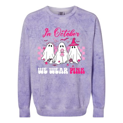 Wear Pink Breast Cancer Warrior Ghost Halloween Groovy Colorblast Crewneck Sweatshirt