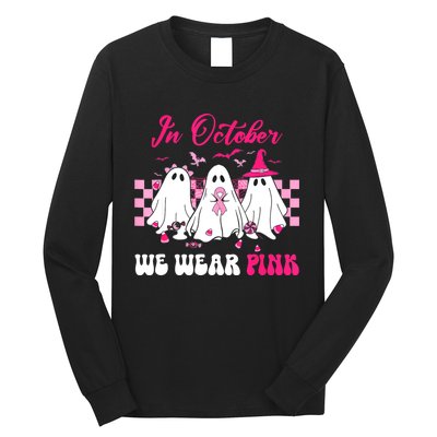 Wear Pink Breast Cancer Warrior Ghost Halloween Groovy Long Sleeve Shirt