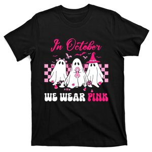 Wear Pink Breast Cancer Warrior Ghost Halloween Groovy T-Shirt