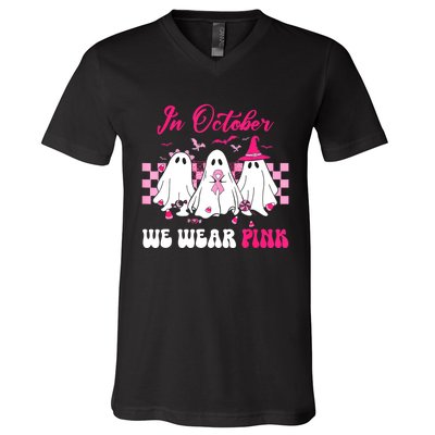 Wear Pink Breast Cancer Warrior Ghost Halloween Groovy V-Neck T-Shirt