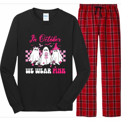 Wear Pink Breast Cancer Warrior Ghost Halloween Groovy Long Sleeve Pajama Set