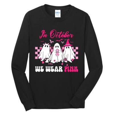 Wear Pink Breast Cancer Warrior Ghost Halloween Groovy Tall Long Sleeve T-Shirt