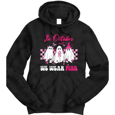 Wear Pink Breast Cancer Warrior Ghost Halloween Groovy Tie Dye Hoodie