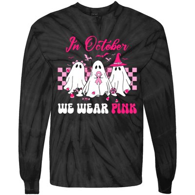 Wear Pink Breast Cancer Warrior Ghost Halloween Groovy Tie-Dye Long Sleeve Shirt