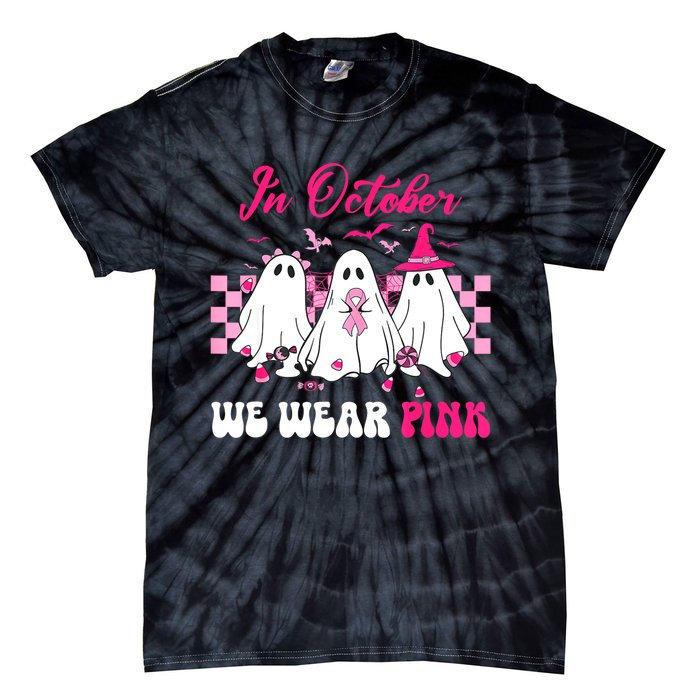 Wear Pink Breast Cancer Warrior Ghost Halloween Groovy Tie-Dye T-Shirt