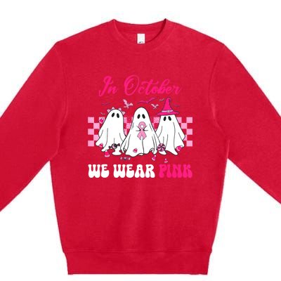 Wear Pink Breast Cancer Warrior Ghost Halloween Groovy Premium Crewneck Sweatshirt