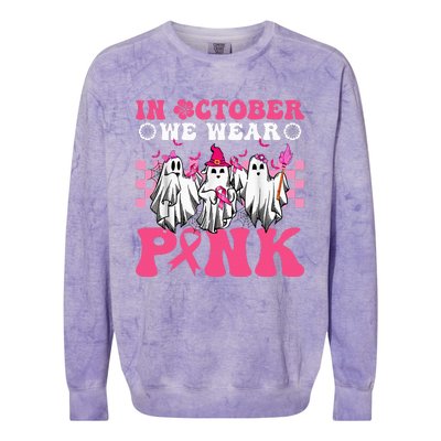 Wear Pink Breast Cancer Warrior Ghost Halloween Groovy Colorblast Crewneck Sweatshirt