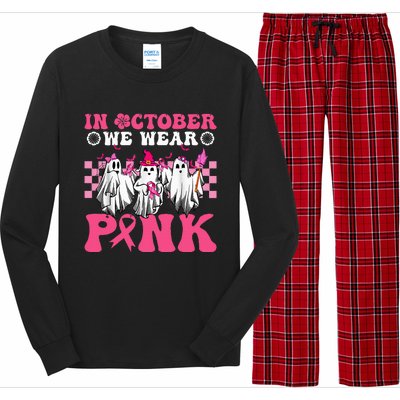 Wear Pink Breast Cancer Warrior Ghost Halloween Groovy Long Sleeve Pajama Set