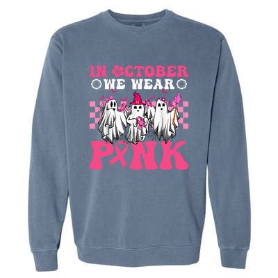 Wear Pink Breast Cancer Warrior Ghost Halloween Groovy Garment-Dyed Sweatshirt