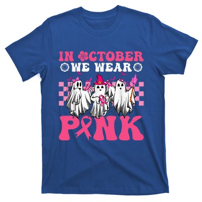 Wear Pink Breast Cancer Warrior Ghost Halloween Groovy T-Shirt