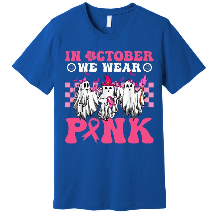 Wear Pink Breast Cancer Warrior Ghost Halloween Groovy Premium T-Shirt