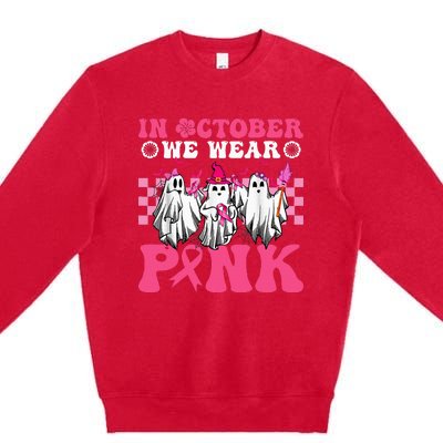 Wear Pink Breast Cancer Warrior Ghost Halloween Groovy Premium Crewneck Sweatshirt