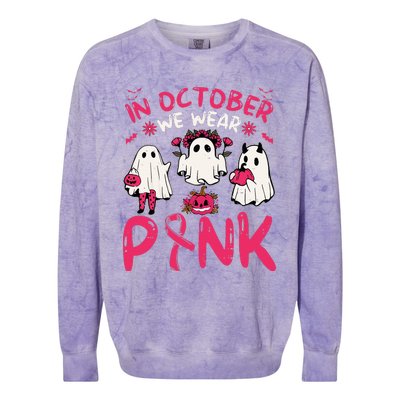 Wear Pink Breast Cancer Warrior Ghost Halloween Groovy Colorblast Crewneck Sweatshirt