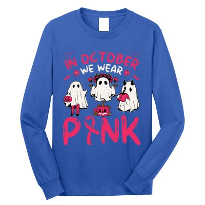 Wear Pink Breast Cancer Warrior Ghost Halloween Groovy Long Sleeve Shirt