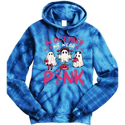 Wear Pink Breast Cancer Warrior Ghost Halloween Groovy Tie Dye Hoodie