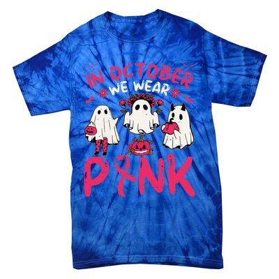 Wear Pink Breast Cancer Warrior Ghost Halloween Groovy Tie-Dye T-Shirt