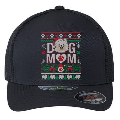 White Pomeranian Best Dog Mom Ugly Christmas Pattern Flexfit Unipanel Trucker Cap