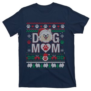 White Pomeranian Best Dog Mom Ugly Christmas Pattern T-Shirt