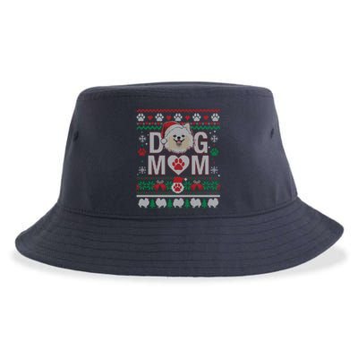 White Pomeranian Best Dog Mom Ugly Christmas Pattern Sustainable Bucket Hat