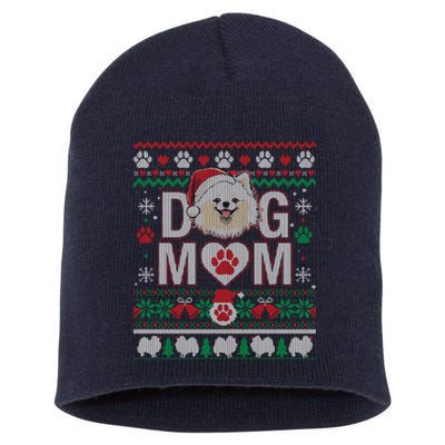 White Pomeranian Best Dog Mom Ugly Christmas Pattern Short Acrylic Beanie