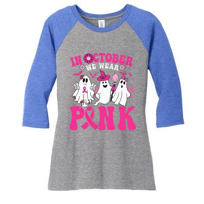 Wear Pink Breast Cancer Warrior Ghost Halloween Groovy Women's Tri-Blend 3/4-Sleeve Raglan Shirt