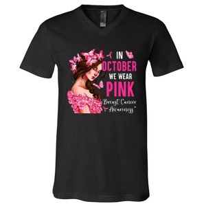 Wear Pink Breast Cancer Awareness Warrior  Pink Ribbon V-Neck T-Shirt