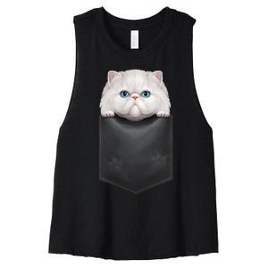 White Persian Cat In Chest Pocket Women's Racerback Cropped Tank