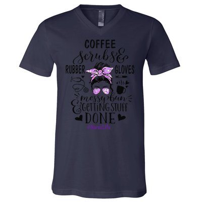 Womens Ph Cute Messy Bun Nurse Life Nursing Coffee V-Neck T-Shirt