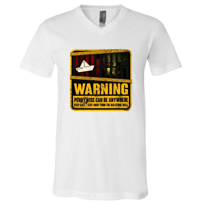 Warning Pennywise Can Be Anywhere Keep Safe Scary Horror Clown Halloween V-Neck T-Shirt