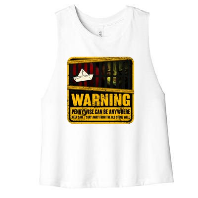 Warning Pennywise Can Be Anywhere Keep Safe Scary Horror Clown Halloween Women's Racerback Cropped Tank