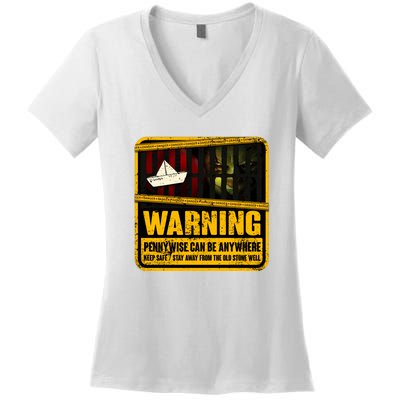 Warning Pennywise Can Be Anywhere Keep Safe Scary Horror Clown Halloween Women's V-Neck T-Shirt