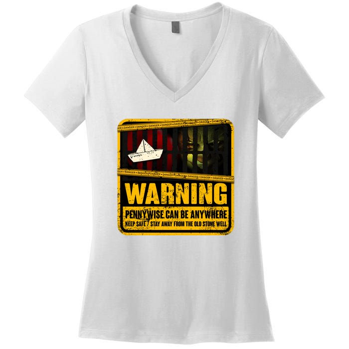 Warning Pennywise Can Be Anywhere Keep Safe Scary Horror Clown Halloween Women's V-Neck T-Shirt