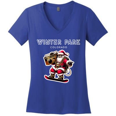 Winter Park Colorado Christmas Snowboard Santa Claus Funny Gift Women's V-Neck T-Shirt