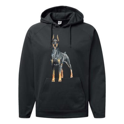 Watercolor Portrait Doberman Pinscher For Dog Owners Performance Fleece Hoodie