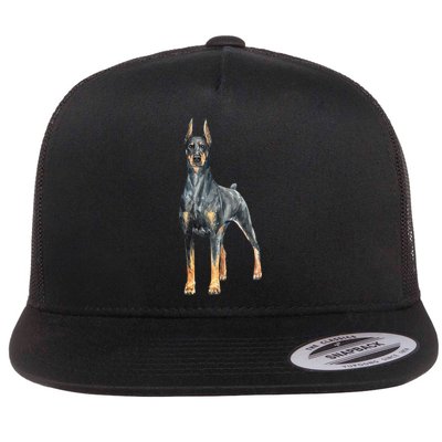 Watercolor Portrait Doberman Pinscher For Dog Owners Flat Bill Trucker Hat