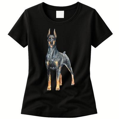 Watercolor Portrait Doberman Pinscher For Dog Owners Womens T-Shirt