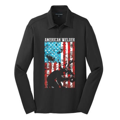 Welding Patriotic Distressed USA American Flag Welder Silk Touch Performance Long Sleeve Polo