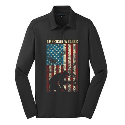 Welding Patriotic Distressed USA American Flag Gift Welder Silk Touch Performance Long Sleeve Polo