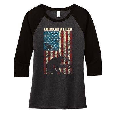 Welding Patriotic Distressed USA American Flag Gift Welder Women's Tri-Blend 3/4-Sleeve Raglan Shirt